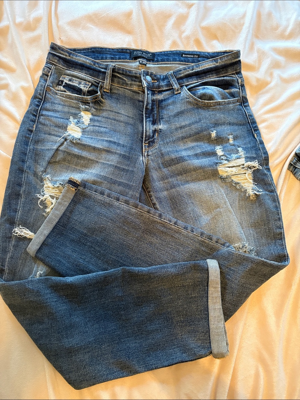 Judy Blue Distressed Boyfriend Jeans - Medium Blue